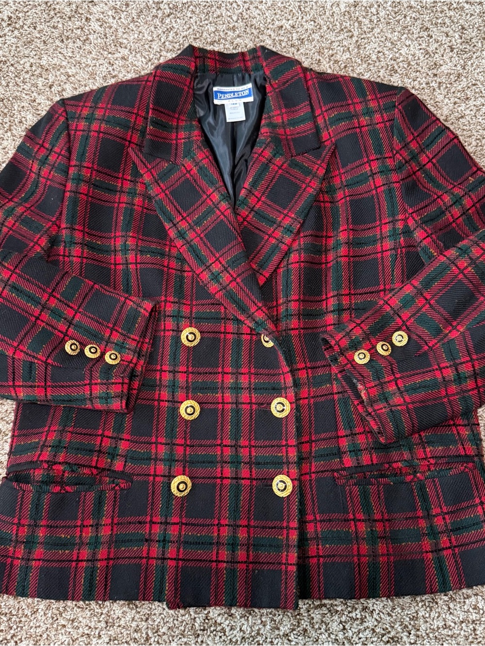 Vintage Pendleton Red Plaid Double Breasted Wool Blazer Jacket 14W Dark Academia